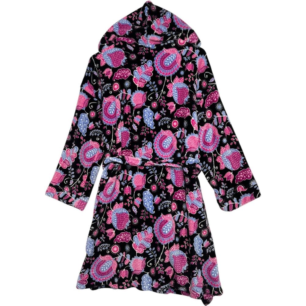 Vera Bradley Robe Womens Small Medium Black Alpine Floral Hoodie Plush Fleece - Picture 2 of 9